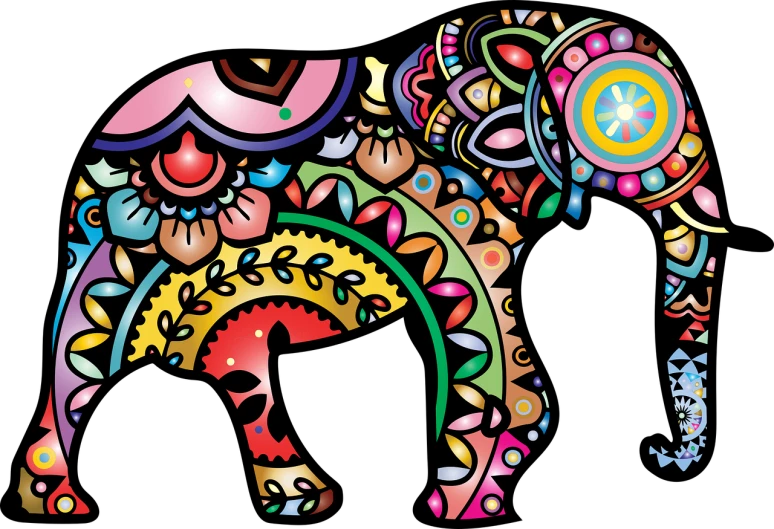 a colorful elephant standing in front of a black background, vector art, trending on pixabay, psychedelic art, silhouette of a girl and her cat, colorful mandala, header, beautiful art uhd 4 k