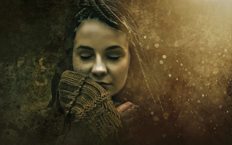 a close up of a person holding a glove, digital art, by Adam Marczyński, pixabay contest winner, digital art, side portrait rugged girl, hands shielding face, high quality fantasy stock photo, portrait of destiny from sandman