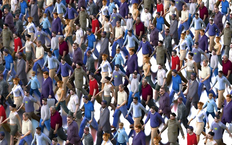 a large group of people standing next to each other, by Jon Coffelt, digital art, running, plus-sized, high traffic, full body close-up shot