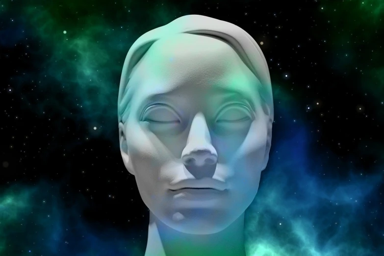 a close up of a statue of a person, digital art, dreaming of outer space, female head, on a galaxy looking background, centered face shot