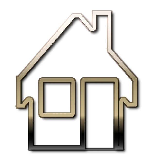 a golden house icon on a black background, a digital rendering, outlined silhouettes, 2 0 0 0's photo, cutout, front photo