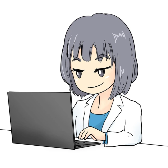 a woman sitting in front of a laptop computer, an anime drawing, inspired by Un'ichi Hiratsuka, computer art, wearing lab coat and a blouse, no gradients, without text, typing on laptop