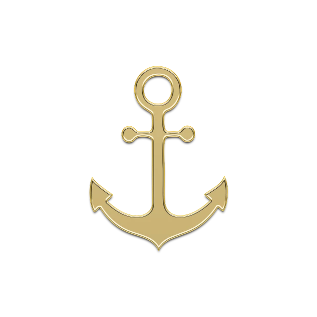 a gold anchor on a black background, by Andrei Kolkoutine, symbolism, brass plated, simple stylized, cad, jewelry