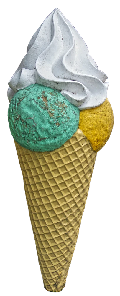 a close up of a cone of ice cream, a pastel, by Arnie Swekel, flickr, pop art, verdigris, 155 cm tall, rustic, photorealistic colors