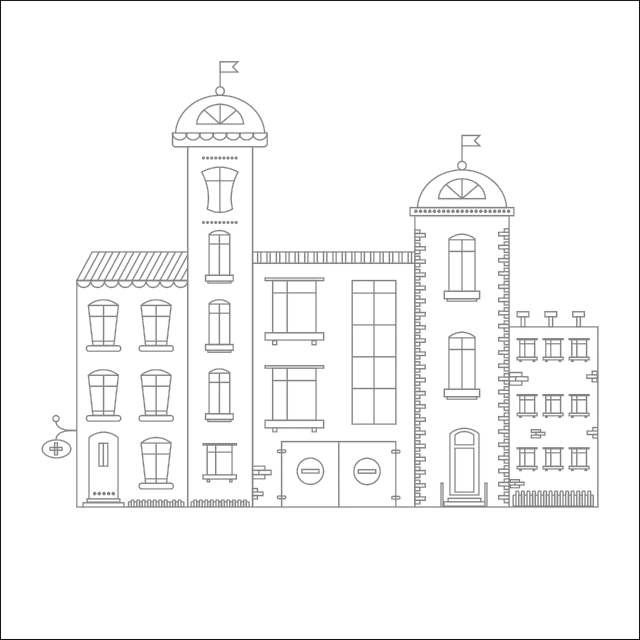 a black and white drawing of a building, art nouveau, on a flat color black background, swedish houses, architecture technical blueprint, metal towers and sewers