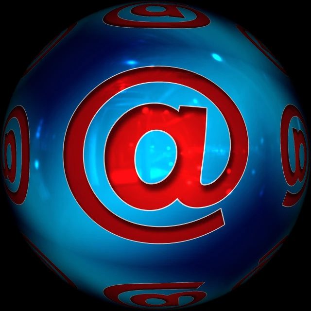 a blue ball with a red at symbol on it, a digital rendering, computer art, email, letterbox, neon, word