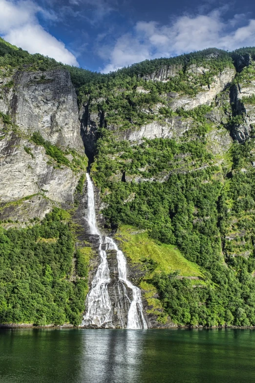 a waterfall in the middle of a large body of water, a stock photo, by Karl Völker, shutterstock, “ aerial view of a mountain, norway, uttarakhand, sunny summer day