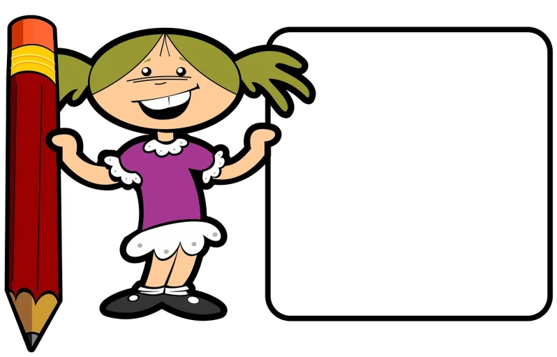 a cartoon girl holding a giant pencil next to a blank board, a cartoon, smiling girl, comic card style, white outline border, gogo : :