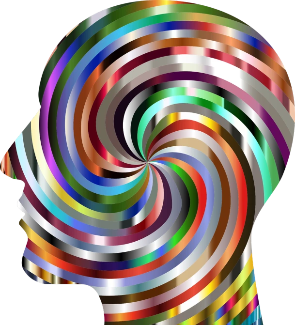 a close up of a person's head with a spiral design on it, digital art, random metallic colors, multicolored vector art, hypnotized, foil