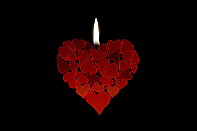 a lit candle in the shape of a heart, a digital rendering, hurufiyya, many hearts, arson, high res photo