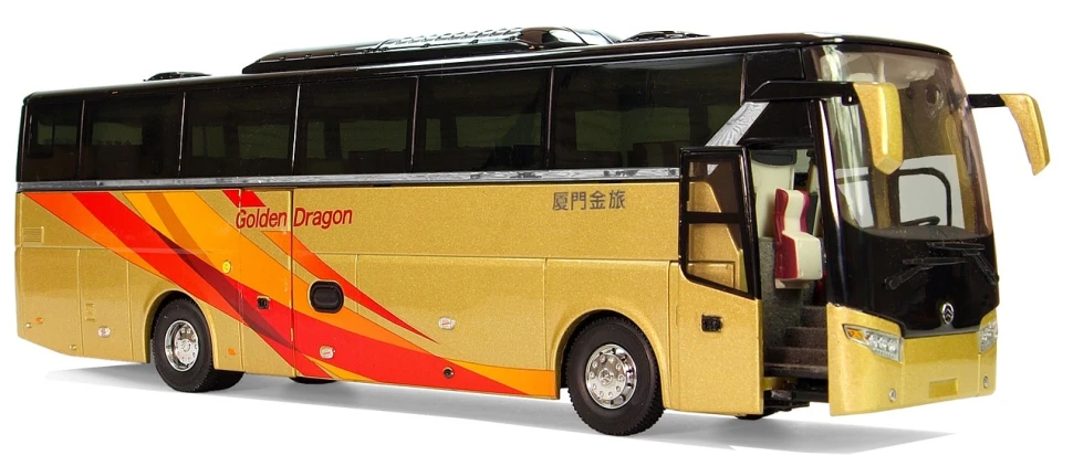 a yellow and black bus on a white background, a digital rendering, by Sun Long, pixabay, shin hanga, golden dragon, replica model, president, beige