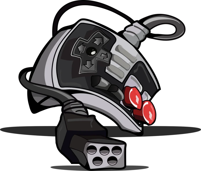 a close up of a computer mouse on a black background, inspired by Jason Teraoka, cartoonish vector style, metal gauntlet, angry female cyborg, cables connected to head