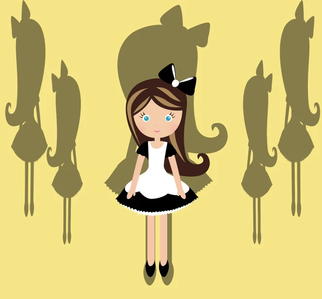 a little girl standing in front of a group of giraffes, a cartoon, inspired by Alice Prin, deviantart, pop surrealism, very minimal vector art, french maid, doll faces on a dress, mirrored