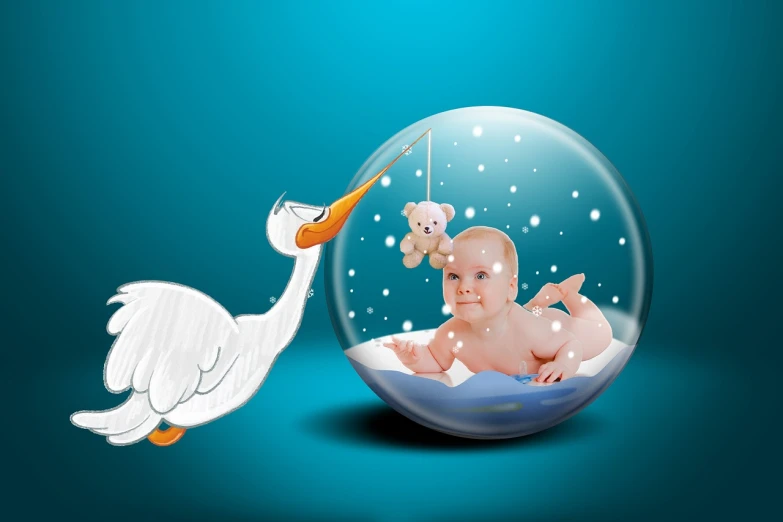 a baby in a bubble with a stork in it, digital art, portrait mode photo, very accurate photo, portfolio illustration, hd screenshot