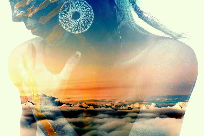 a close up of a person with a sky background, digital art, inspired by Anna Füssli, metaphysical painting, sunrise over solarpunk city, above the clouds, esoteric equation heaven, gods eye view