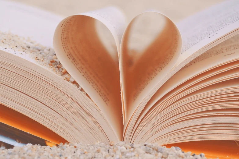 a book with pages folded in the shape of a heart, a picture, full of sand and dust, soft - warm, banner, papers and tomes