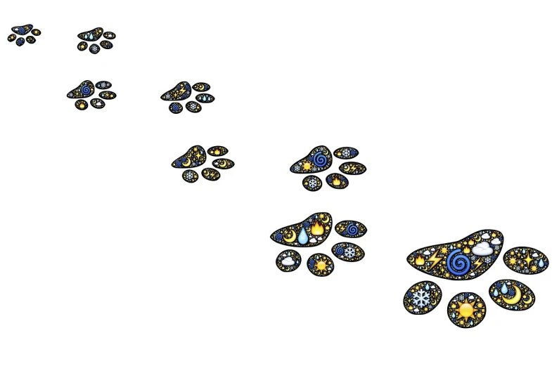 a drawing of a dog's paw prints on a white background, inspired by Yahoo Kusama, generative art, blue and yellow fauna, lighting path traced, mosaic floor, created in adobe illustrator