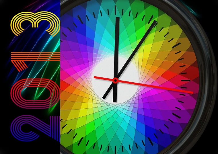 a close up of a clock on a black background, a digital rendering, inspired by Okuda Gensō, synchromism, split - complementary - colors, gradient and patterns wallpaper, lisa frank & sho murase, 3 colors