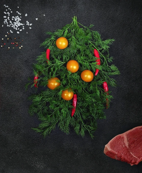 a bunch of food sitting on top of a table, by Aleksandr Gerasimov, shutterstock contest winner, surrealism, christmas tree, dark grey and orange colours, beef, tomatoes hanging on branches