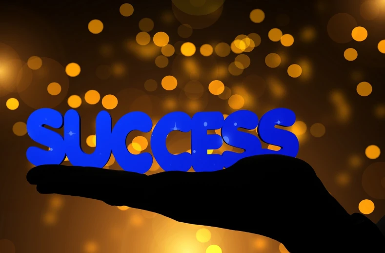 a person holding the word success in their hand, by Jeanna bauck, pixabay, excessivism, with glowing blue lights, siluette, holding gold, lineless