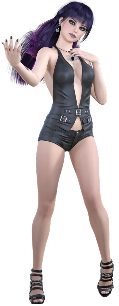 a woman with purple hair posing for a picture, a 3D render, trending on zbrush central, leather bunny costume bodysuit, tight black tank top and shorts, uncompressed png, thighs close up