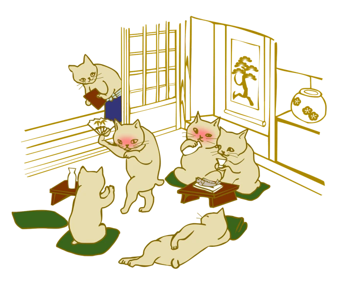 a group of cats that are sitting in a room, inspired by Koryusai Isoda, painting illustration, drinking, gold inlay, masterpiece illustration