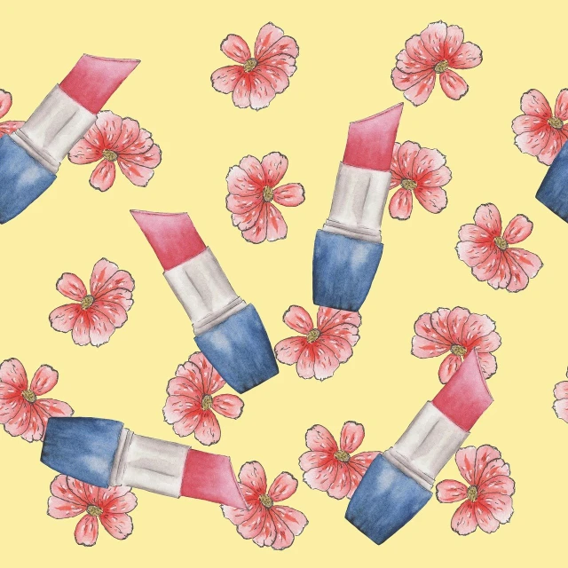 a pattern of lipstick and flowers on a yellow background, a watercolor painting, shutterstock, sakura bloomimg, no gradients, blue lipstick, courful illustration