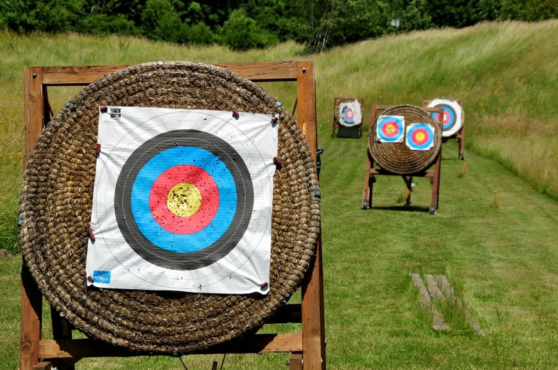 a group of archery targets sitting on top of a grass covered field, by Alison Watt, flickr, brockholes, round-cropped, indoor, a beautiful
