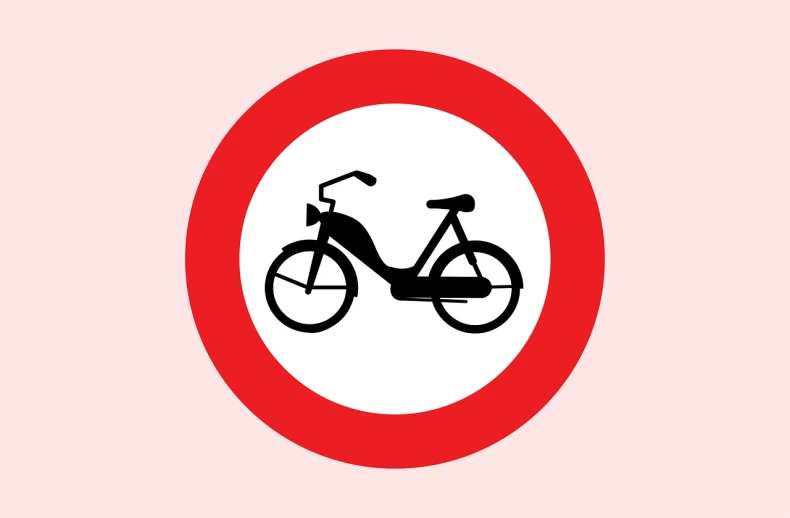 a red and white sign with a picture of a bike, pixabay, all enclosed in a circle, high quality illustration, forbidden, girls