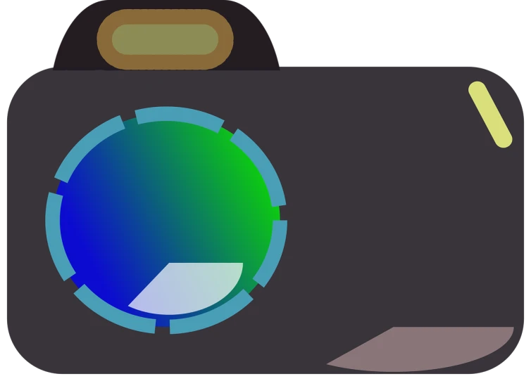 a camera with a green and blue lens, a digital painting, by Tom Carapic, art photography, black backround. inkscape, blue colored, casual photography, flat color