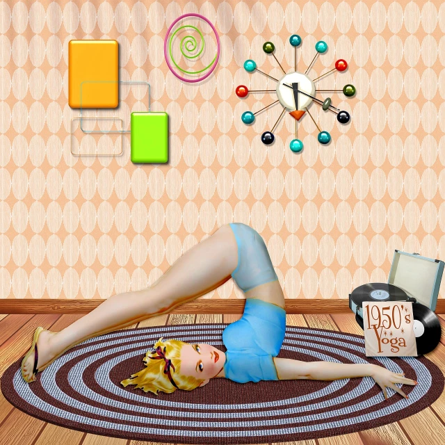 a woman doing a yoga pose on a rug, a digital rendering, flickr, pop art, game screen, retro 5 0 s style, candy girl, retro device