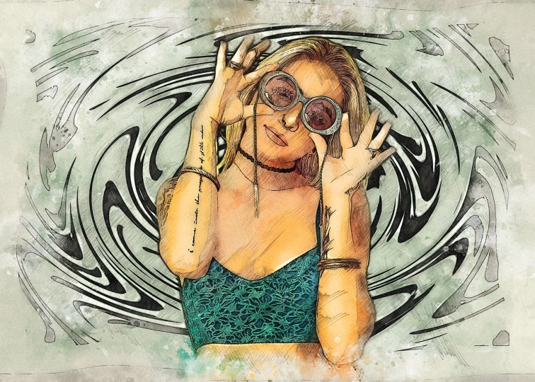 a woman in a bikini top holding her hands up to her face, inspired by Amanda Sage, trending on pixabay, shock art, circular glasses, watercolor and ink, psychedelic hip-hop, grungy woman