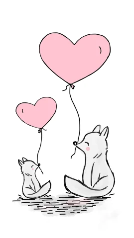 a drawing of a bear holding a heart shaped balloon, a drawing, furry art, pink fox, puppies, line sketch, without text
