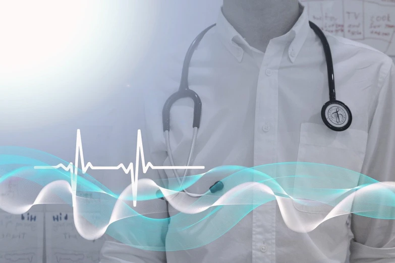 a close up of a person wearing a stethoscope, a picture, happening, website banner, vibration, hospital background, very stylized