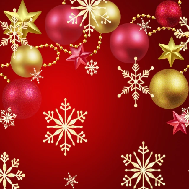 red and gold christmas balls and snowflakes on a red background, illustrator vector graphics, background image, star, resources background