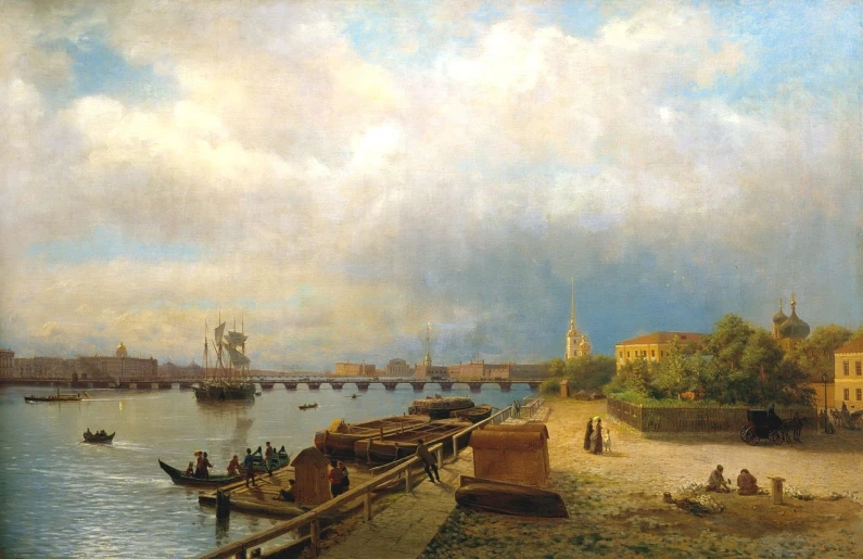 a painting of a bridge over a body of water, by Konstantin Vasilyev, city docks, 1860, view from the distance, saint petersburg