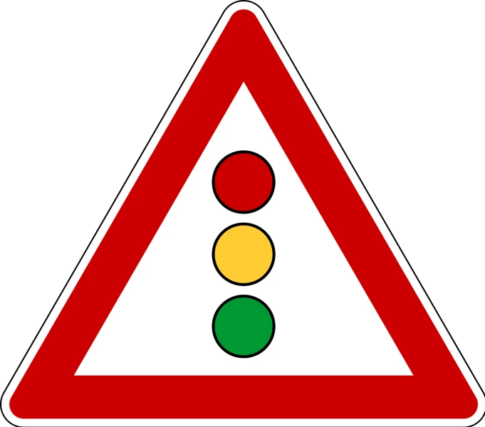 a close up of a traffic sign with a red triangle, by Ludovit Fulla, reddit, les automatistes, red green yellow color scheme, clipart, three, sri lanka