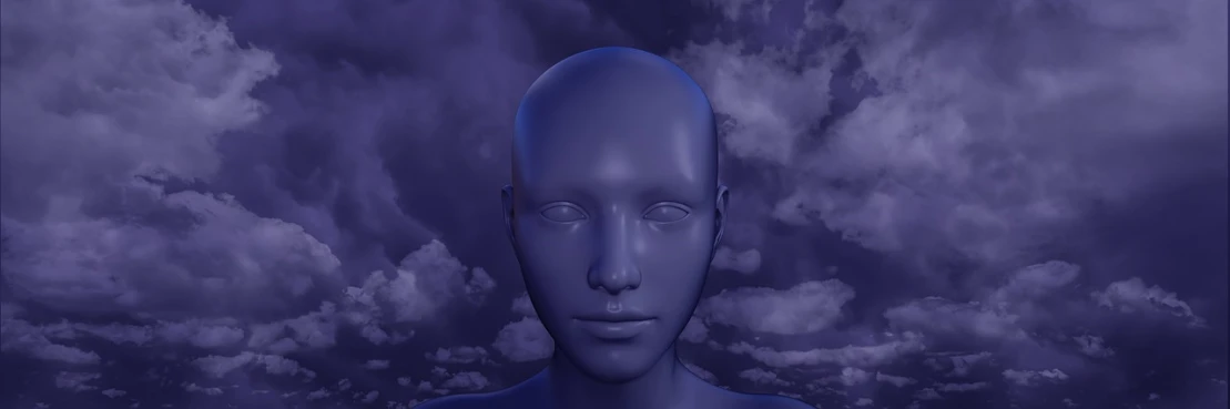 a close up of a person's face with clouds in the background, a raytraced image, inspired by INO, on a mannequin. high quality, purple head, face photo, blue monochromatic