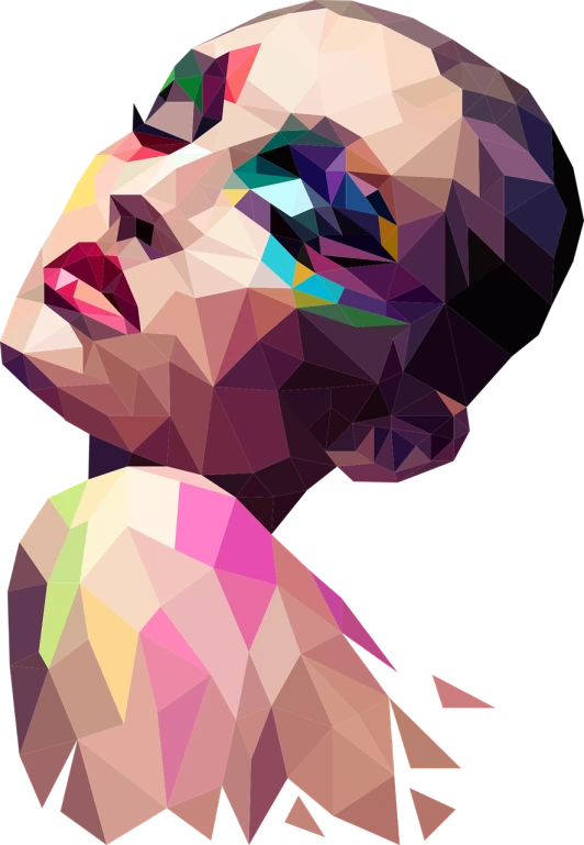 a close up of a woman's face on a black background, vector art, inspired by Gao Cen, shutterstock, digital art, faceted, colourfull, no gradients, 3d geometric abstract art