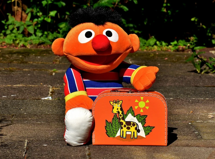 a stuffed animal sitting next to a suitcase, by Samu Börtsök, sumatraism, sesame street, zig zag, summer morning, fuzzy orange puppet