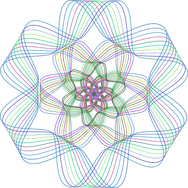 a multicolored flower on a black background, by Russell Patterson, generative art, celtic knots, line vector art, yantra, twirly
