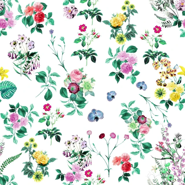 a bunch of flowers on a white background, a digital rendering, by Nagasawa Rosetsu, baroque, garden flowers pattern, oscar de la renta, summer meadow, hiroaki samura