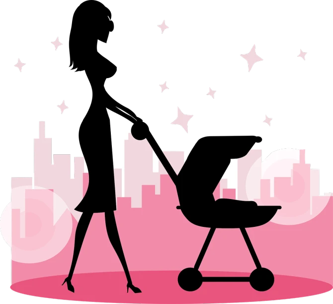 a woman standing next to a baby in a stroller, an illustration of, by Matt Stewart, trending on pixabay, city night, pink and black, shiny and sparkling, very tasty