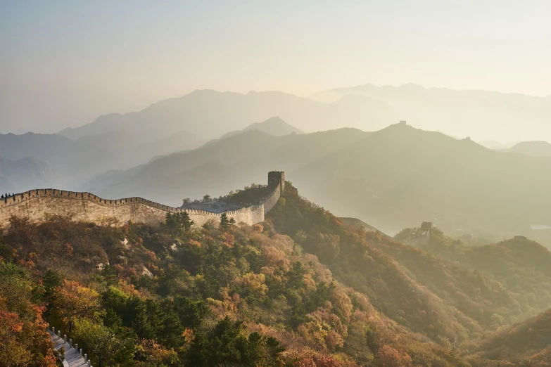 an image of the great wall of china, a picture, by Dietmar Damerau, pexels, romanticism, autumn mountains, natural morning light, subtitles, great light and shadows”