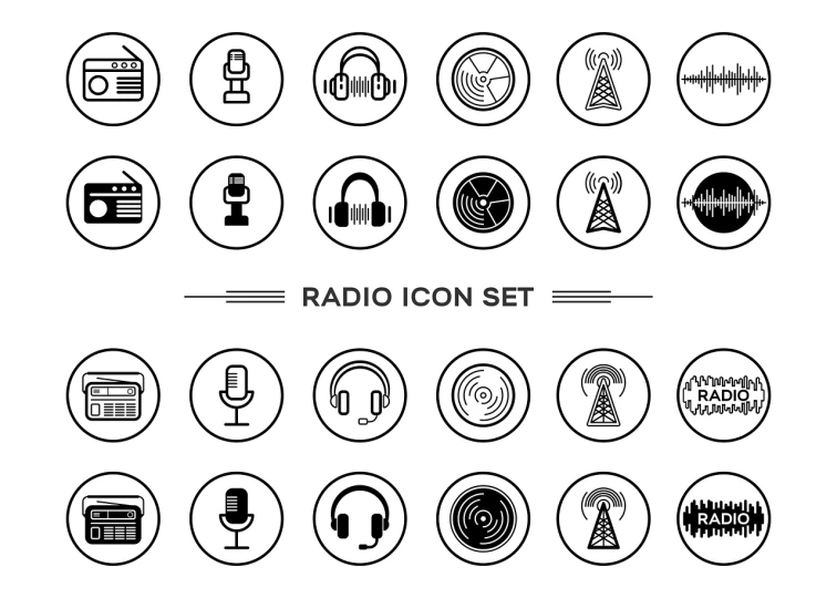a set of black and white radio icons, a picture, shutterstock, dau-al-set, round logo, a wide full shot, ink, aaron fallon