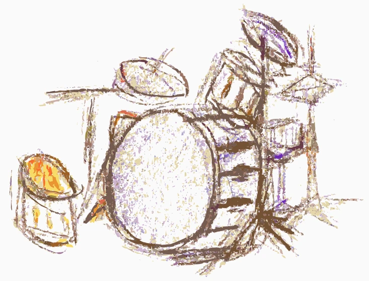 a drawing of a drum kit and drumsticks, a sketch, by Gene Davis, flickr, process art, wine, high key, random detail, multi toned