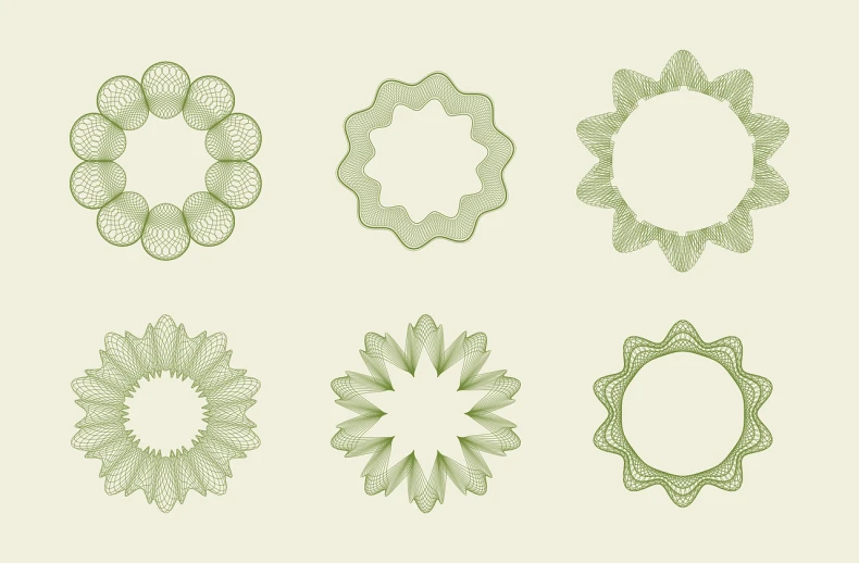 a number of circular designs on a white background, muted green, engraved vector, symmetry!, on simple background