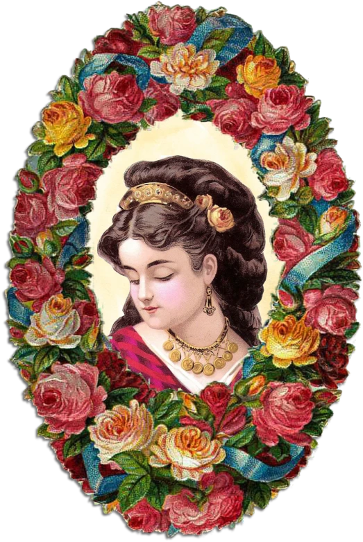 a woman in a wreath of roses, a digital rendering, inspired by Margaret Brundage, pixabay contest winner, qajar art, antique perfume, colorful intricate masterpiece, advert, flowers in her dark hair