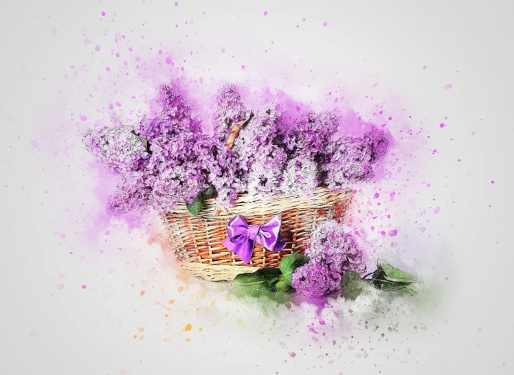 a basket filled with lots of purple flowers, a digital painting, digital art, watercolor splash, miniature product photo, on a pale background, air brush illustration