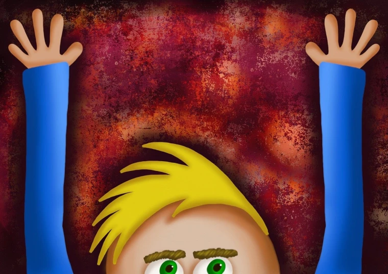 a cartoon image of a man with his hands in the air, a poster, by Harry Beckhoff, pixabay contest winner, conceptual art, blonde hair and large eyes, scary color art in 4 k, flat texture, rusty colors